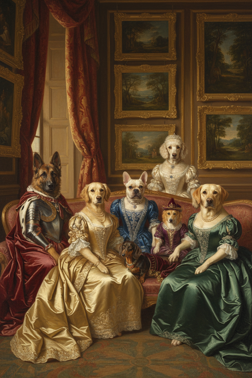 portrait of many different of the most popular dog breeds elegantly dressed in luxurious gowns on an antique velvet settee. the setting is grand adorned with classic painting in gilded frames. the room exhudes aristocratic timeless atmosphere